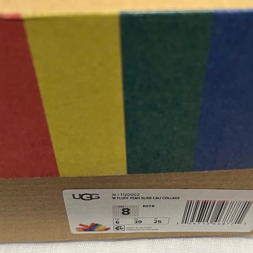 UGG AUTHENTIC FLUFF YEAH CALI PRIDE COLLAGE RAINBOW STRIPES SLIDES - Picture 16 of 17